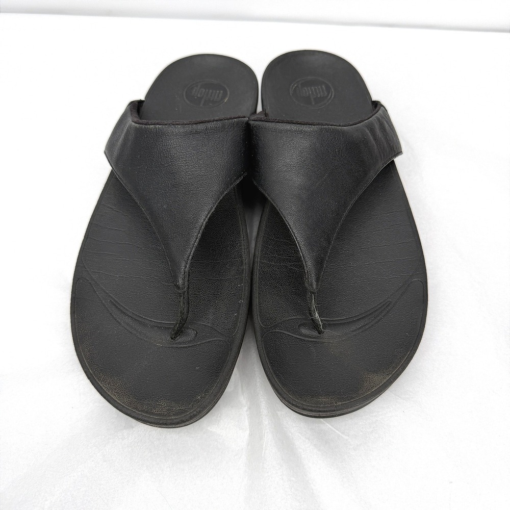 FitFlop LULU Leather Toe-Post Sandals Microwobbleboard Black Basic Wedge Size 9
